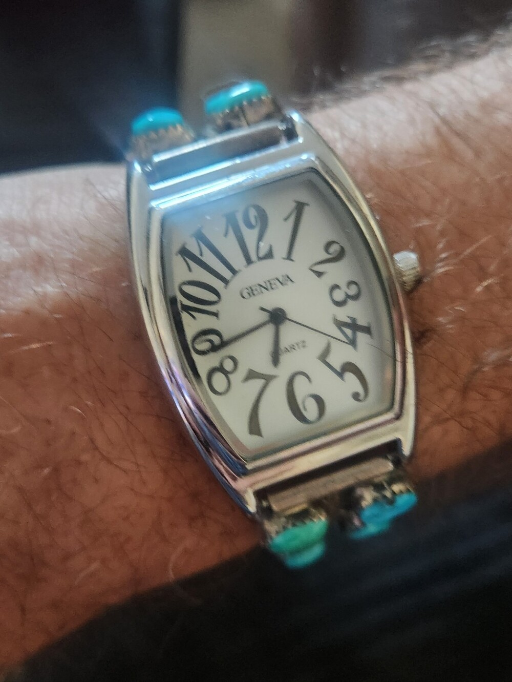 Sterling Silver Turquoise Watch Cuff w/ Geneva Quartz Watch Southwestern Runs! - Picture 11 of 11
